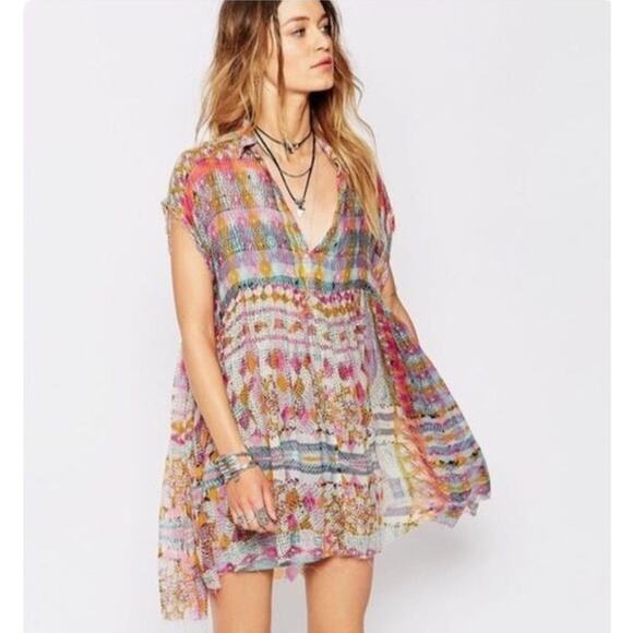 Free People Dresses & Skirts - Free People FP One Zella Oversized Flowing Sheer Printed Distressed Hem Dress